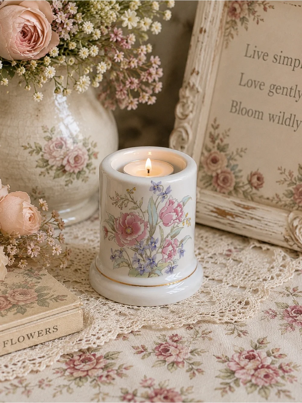 Vintage Fine China Japan Floral Candle Holder Porcelain Cottagecore Shabby Chic